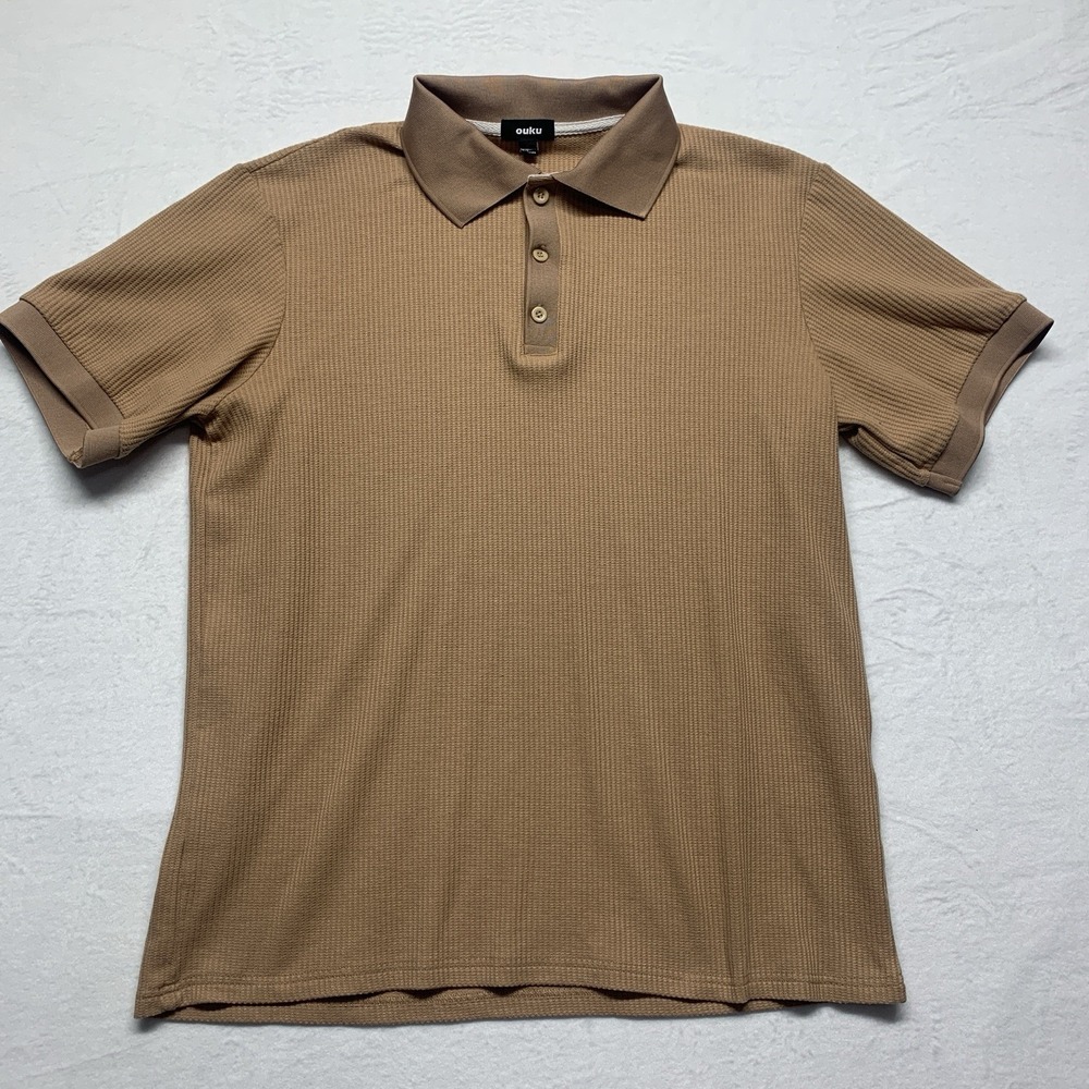 Ouku Men's Waffle Knit Brown Polo Spread Collar Shirt Casual Workwear - Size L